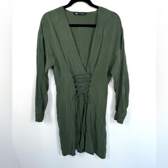 Zara V Neck Lace Up Corset Long Sleeves Flowy Mini Dress Khaki Green Size Large - Picture 4 of 14